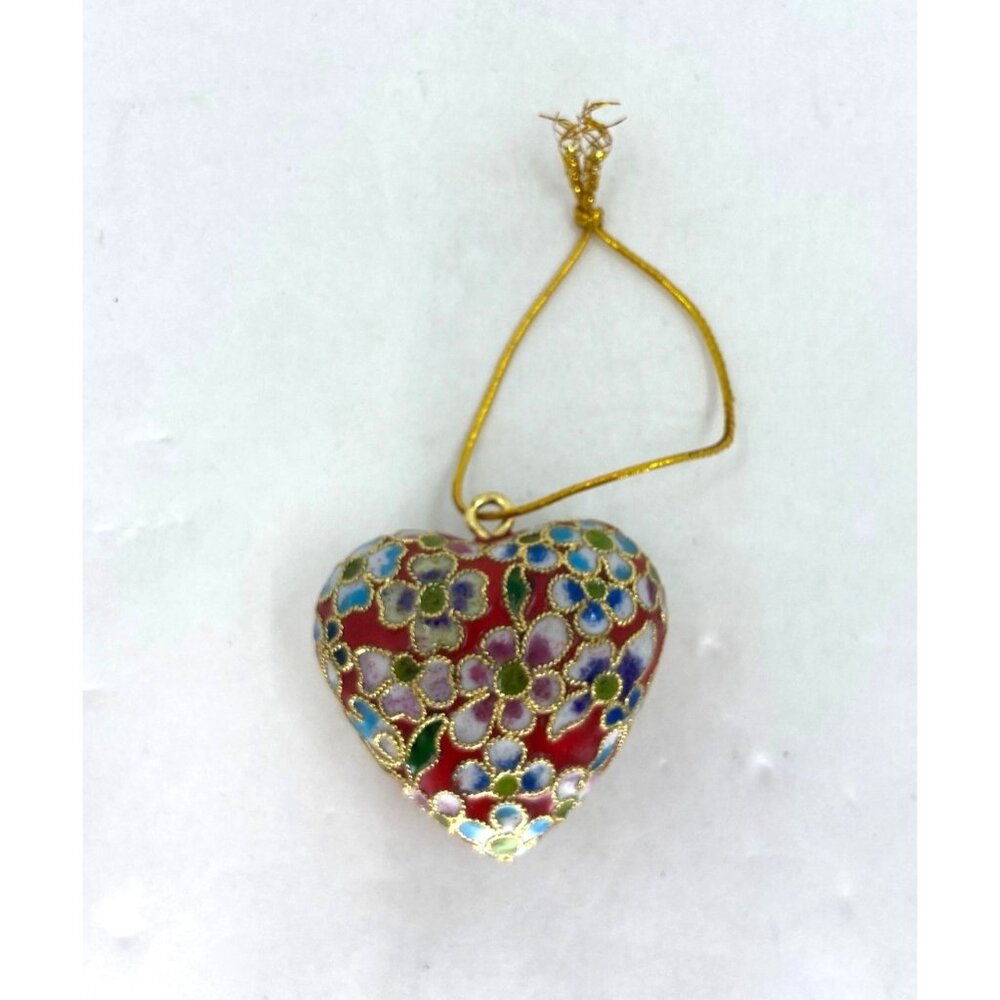 Vintage Cloisonne Puffy Heart Pendant Christmas Ornament Enamel Floral Motif